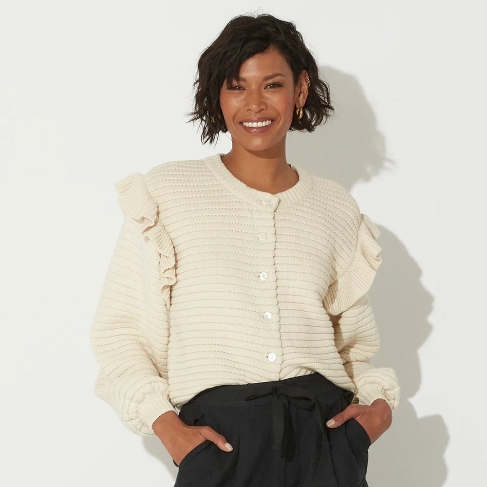 Cleobella Maelle Ivory Organic Cotton Ruffle Cardigan Women’s Size L  New
